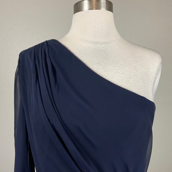 Betsy & Adam Blue Chiffon One Shoulder Mini Fit and Flare Size 10 Long Sleeve - Picture 7 of 14